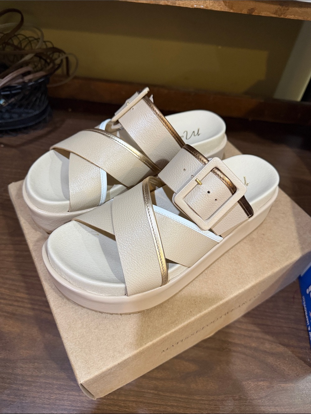 Coconuts by Matisse Cream Platform Slide Sandals with Gold Accent